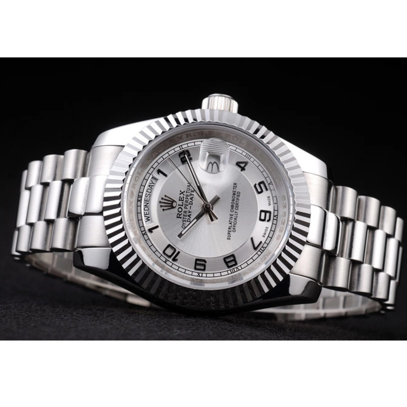 Aaa replica watch Stainless Polished Day-Date Rolex White Dial Steel 0706